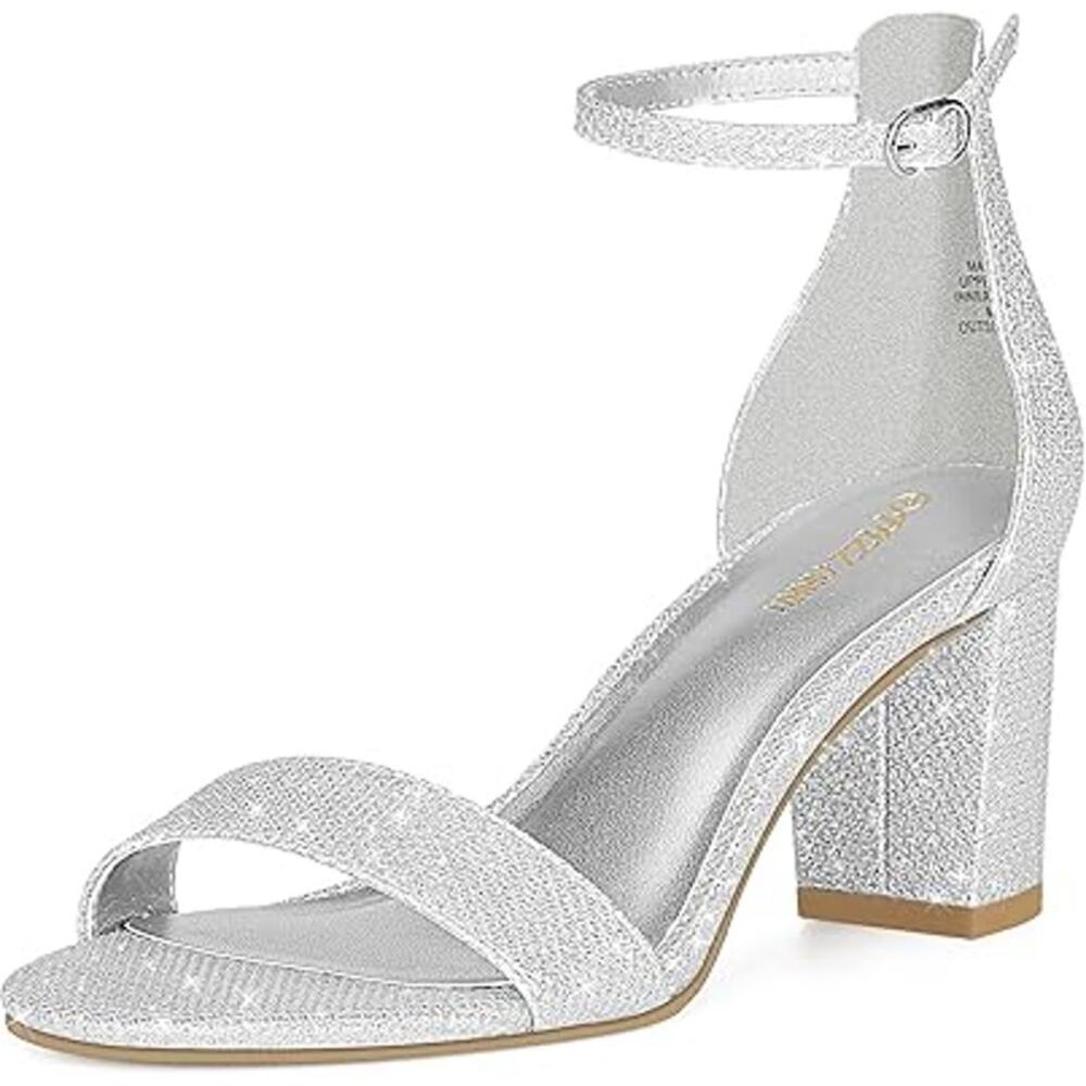 Pizz Annu Womens Size 7 Silver Glitter 2.5" Heel Open Toe Ankle Strap Shoes